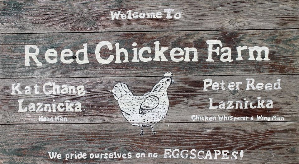 Whimsical hand-painted wooden sign for Reed Farm reading "We pride ourselves on no EGGSCAPES!"