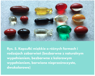 Kapsułki miękkie o róznych formach i rodzajach zabarwień