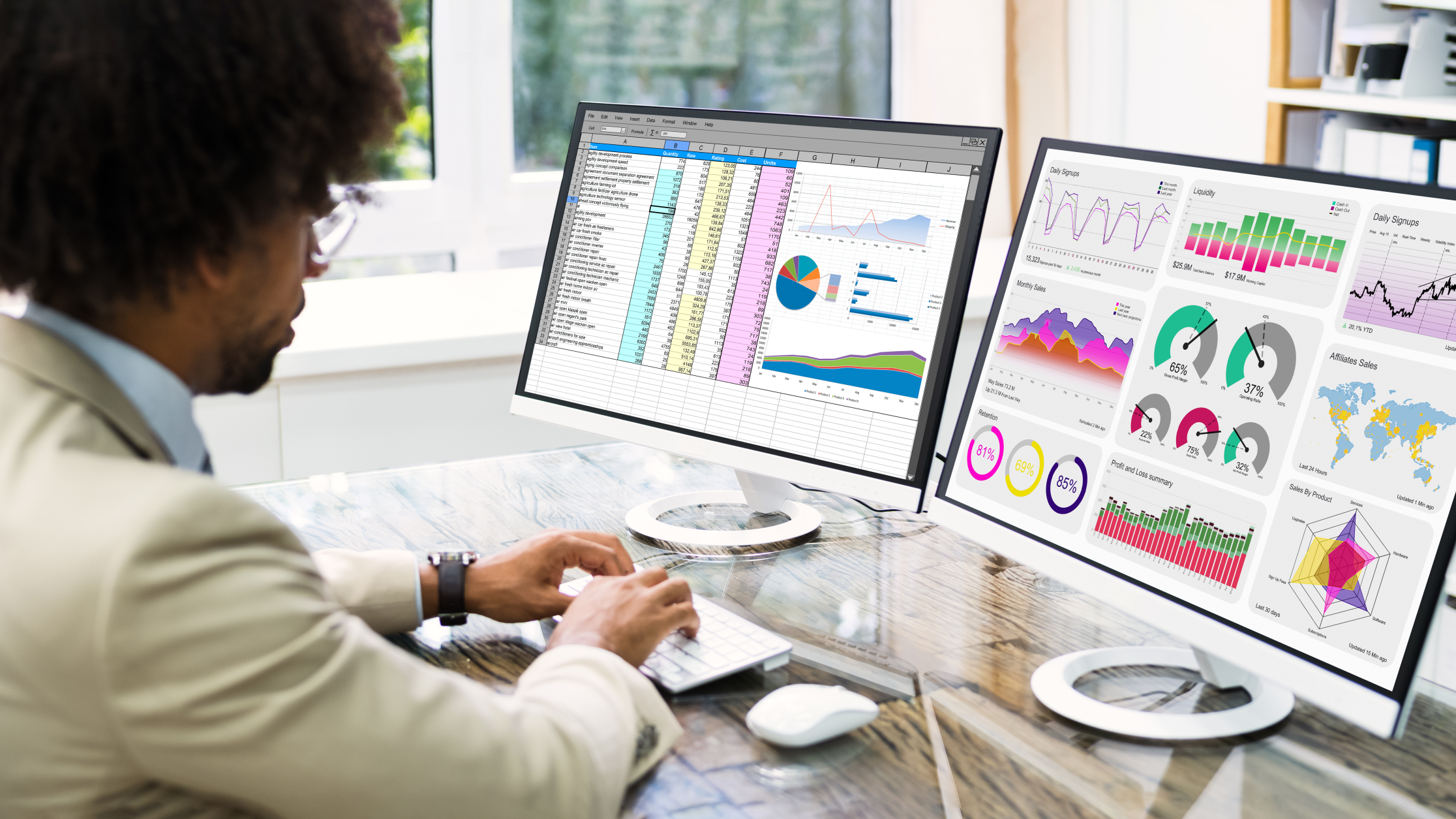 Man looking at data analytics on two screens