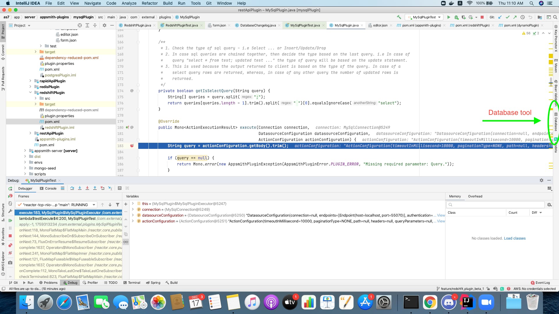 Clicking on database tool