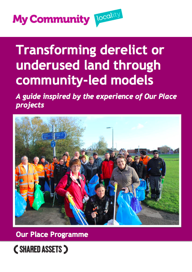 The report is headed by purple 'My Community' logo and blue 'locality' logo. The title reads: Transforming derelict or underused land through community-led models, A guide inspired by the experience of Our Place projects", and shows an image of a large community group smiling after doing a litter pick. The report is footed with a black and white Shared Assets logo