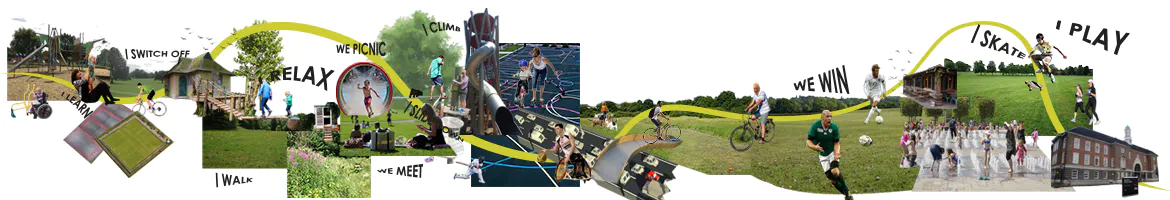 A series of graphics including people exercising in different forms, with words "I walk, we meet, I skate, I play I switch off, I learn, we picnic" etc.