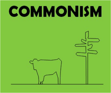 Green background with sketch of a cow and a directional sign, with "commonism" written in black lettering