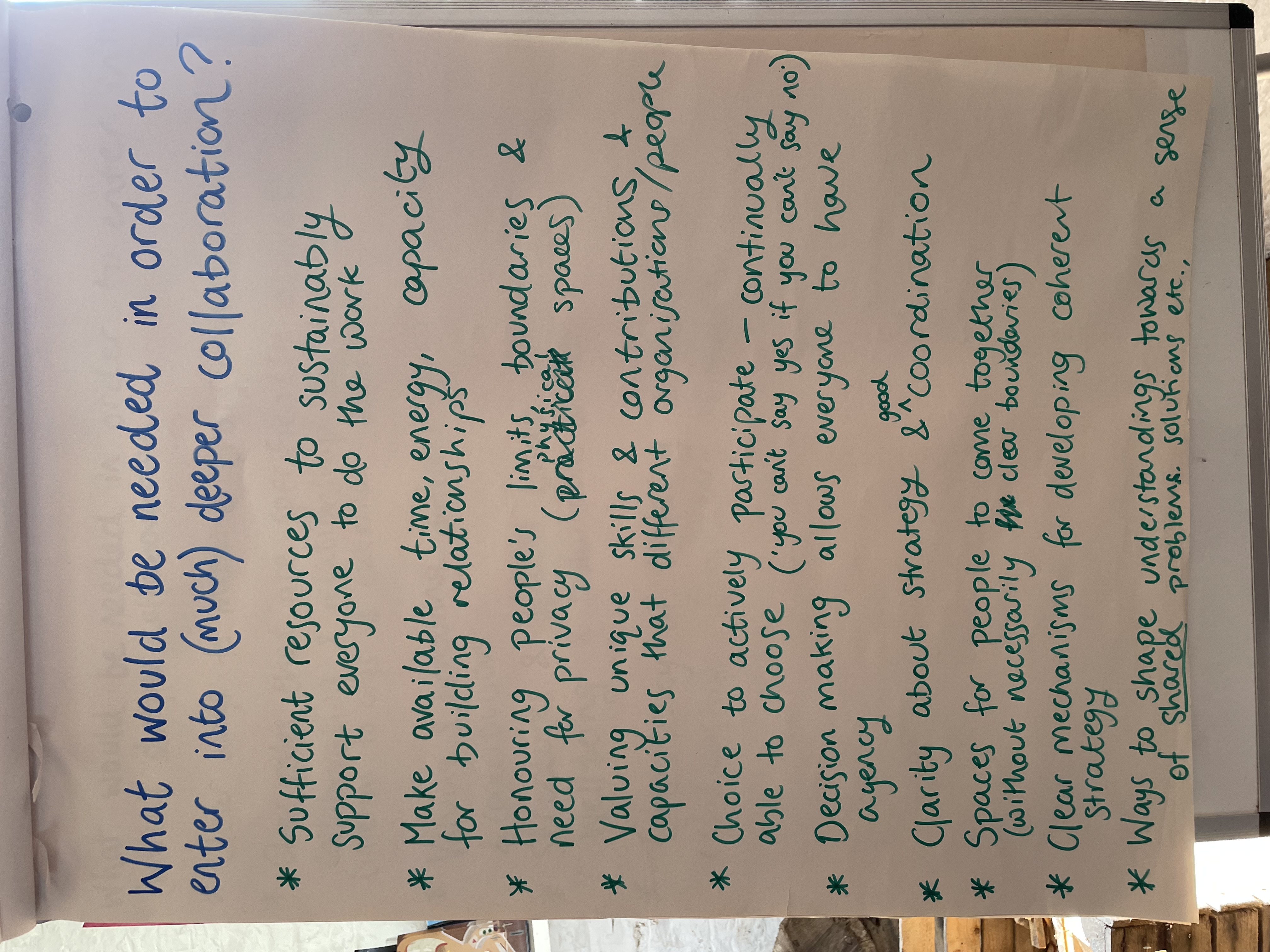 The flipchart page where we gathered the needs list as written above.