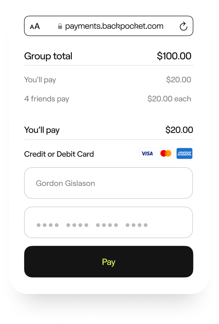 Backpocket checkout screenshot showing payment options