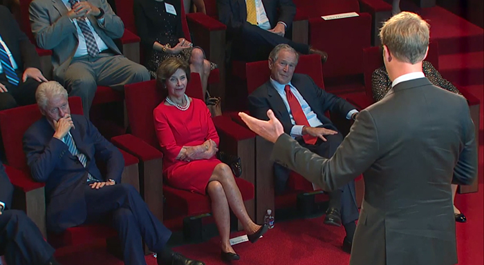 Jake addressing Presidents Bush and Clinton as a Presidential Leadership Scholar, 2015