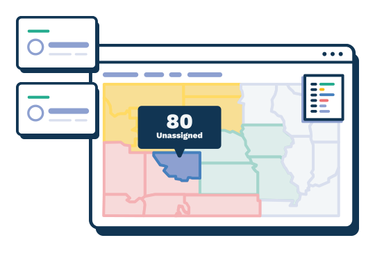 A fullcast UI illustration depicting a big us map with some additional windows floating about it. 