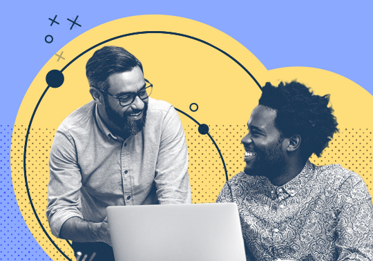 two team members working together with an abstract blue and yellow background

