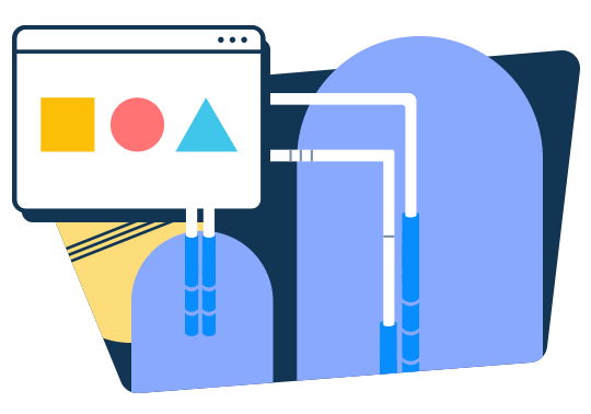 a futuristic city with traversal pipes leading into a browser window with different colored shapes. 