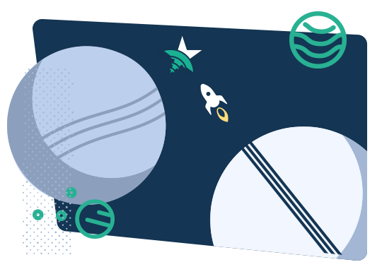 A spaceship flying towards the fullcast icon between two large planets