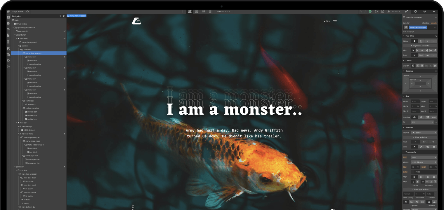 Mock up van een macbook met daarin de webflow template voor Brutalism