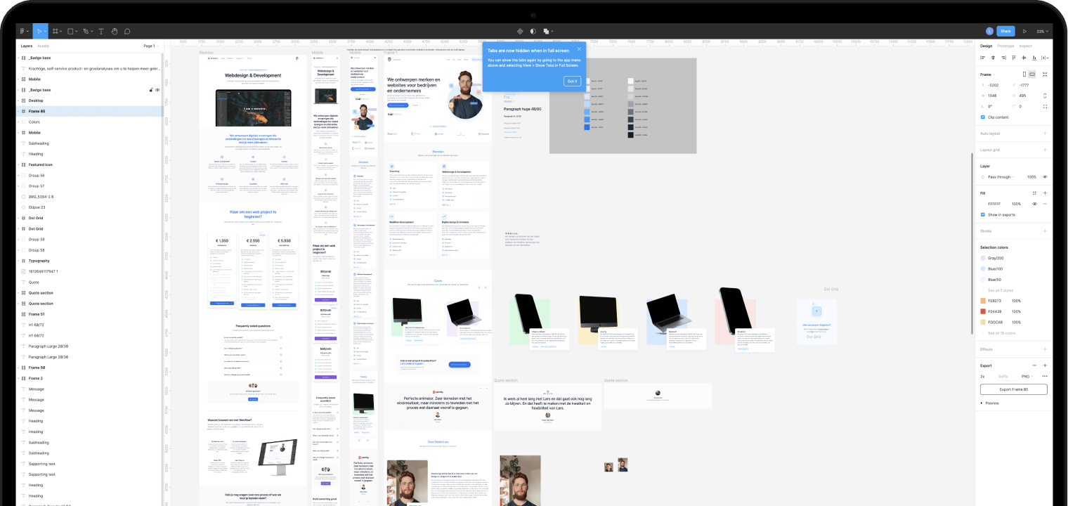 Mock up van een macbook met daarin de ontwerpfase in Figma van de website van Studio Lars