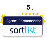 Badge d'agence recommandée Sortlist avec la note de 5 étoiles sur un maximum de 5