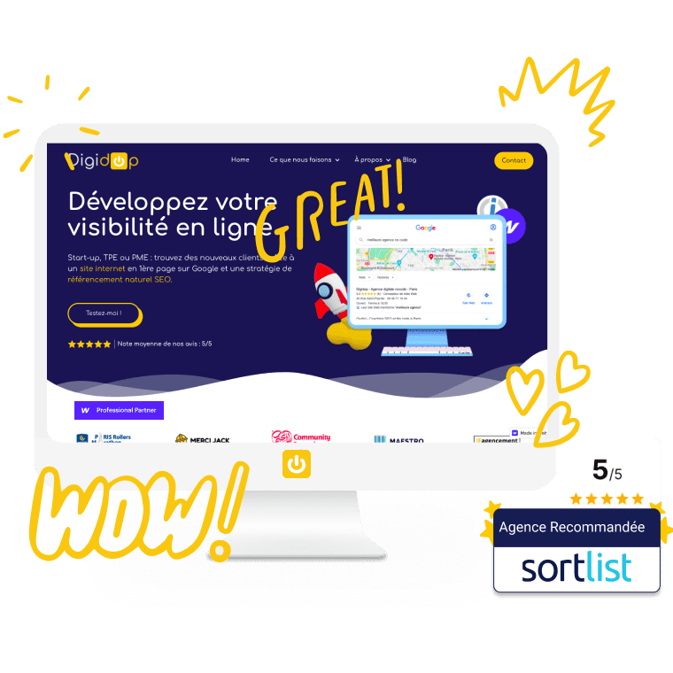 Site digidop.fr sur un écran d'ordinateur avec un badge de recommandations et des réactions