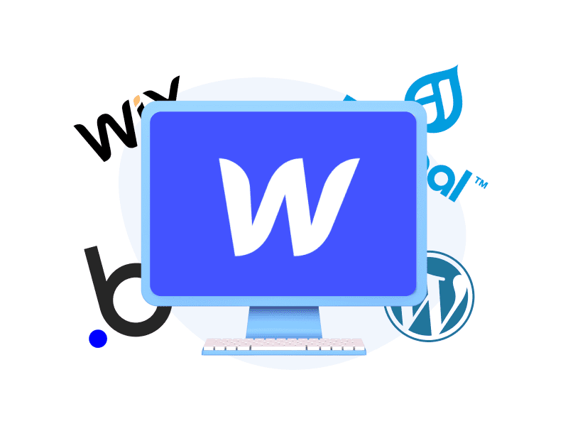 Ecran d'ordinateur avec Webflow, drupal, wordpress, bubbble, wix