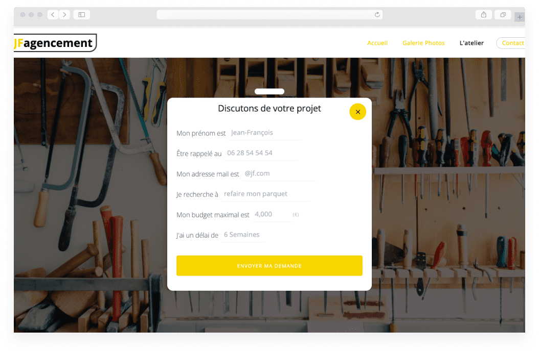Jf agencement, demande de devis directement sur son site webflow