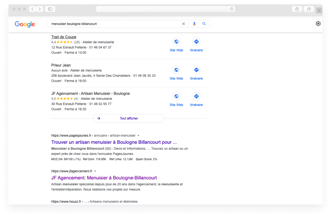 JF agencement en première position Google sur la recherche menuisier boulogne