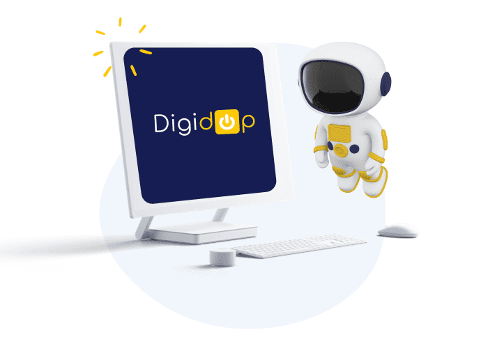 Ecran d'ordinateur avec le logo Digidop, avec un astronaute vector 3d