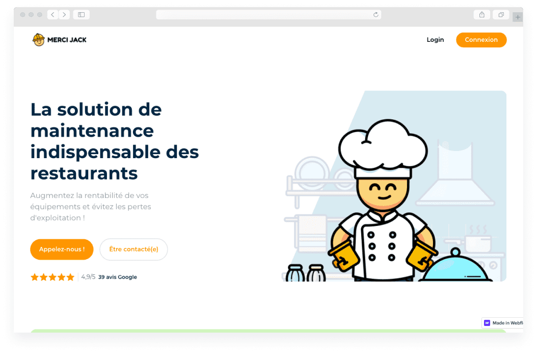 Screenshot de la hero section de la landing page restauration de Merci Jack