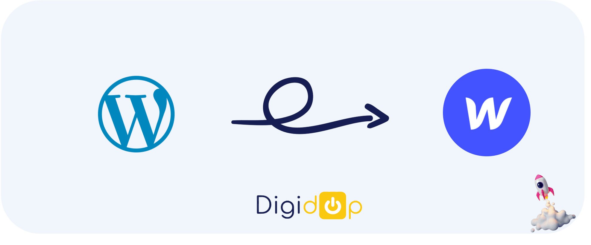 Logo wordpress avec une fleche vers le logo Webflow et une fusée avec le le logo de Digidop