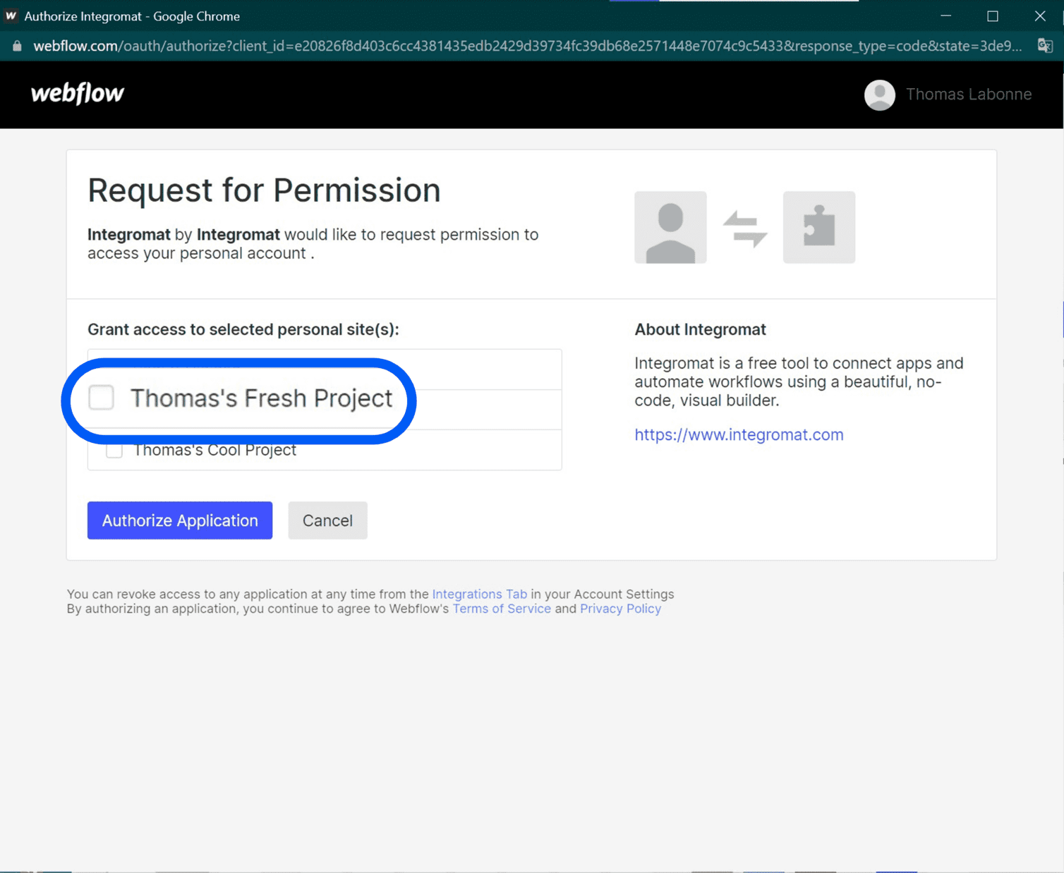 Sélection des projets de site web webflow depuis l'interface d'autorisation d'accès Integromat