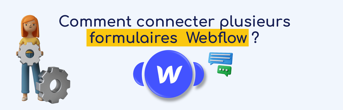 Module webflow sur Integromat avec une femme qui tient une roue outil