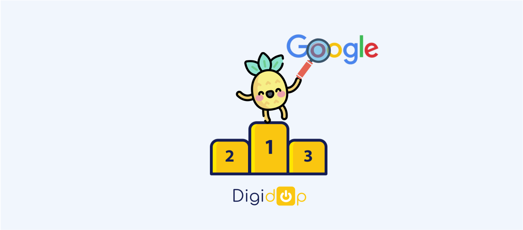 Icone digidop sur un podium Ă la premiĂšre place avec une loupe et le logo de Google