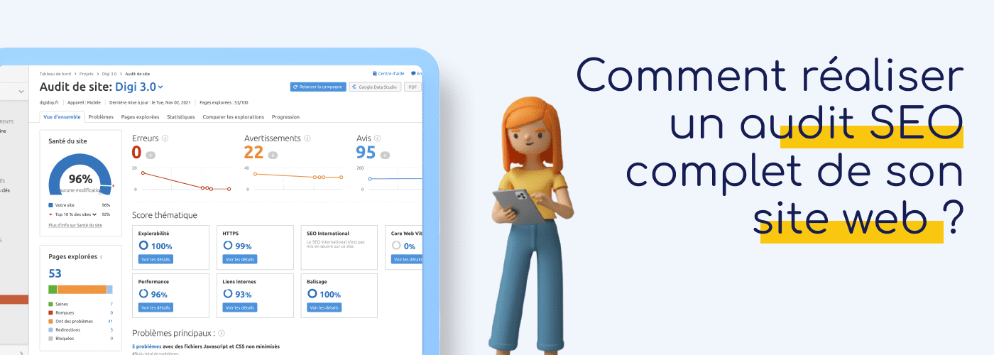 Ecran avec un dashboard de résultat d'un audit seo site web.