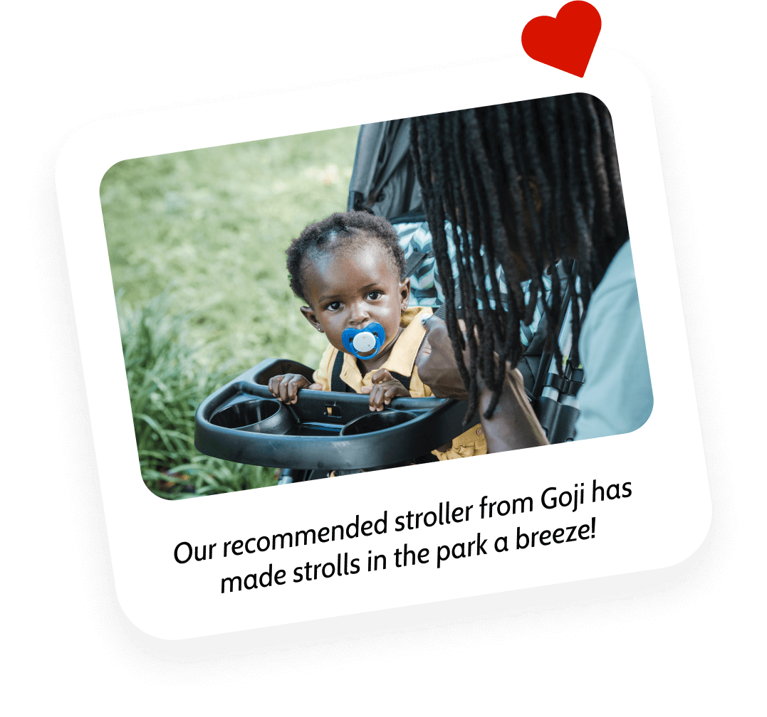 baby in a stroller with caption: our recommended stroller from goji has made strolls in the park a breeze!