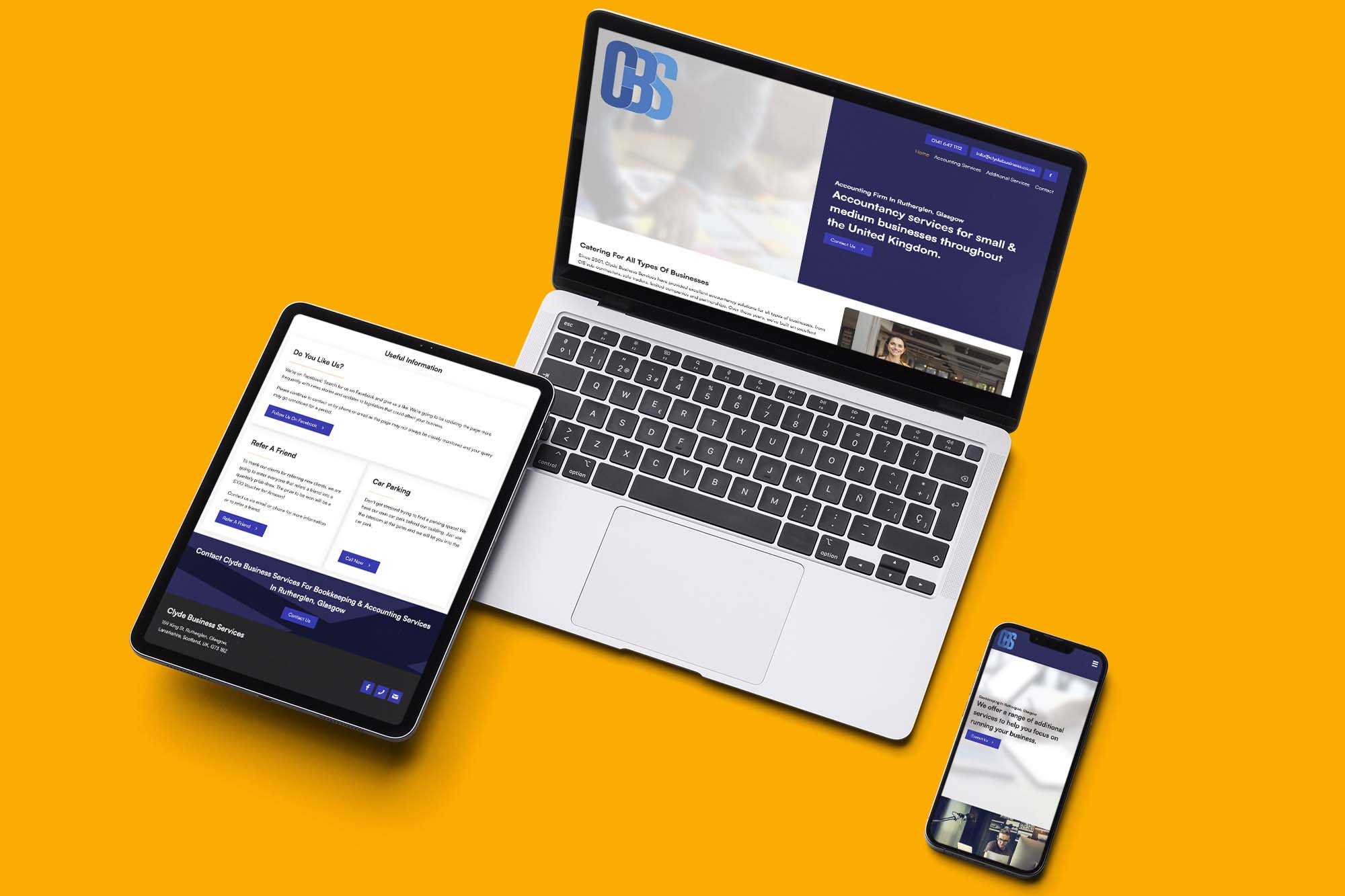 Desktop, tablet & mobile mockups for Clyde Business Services website.