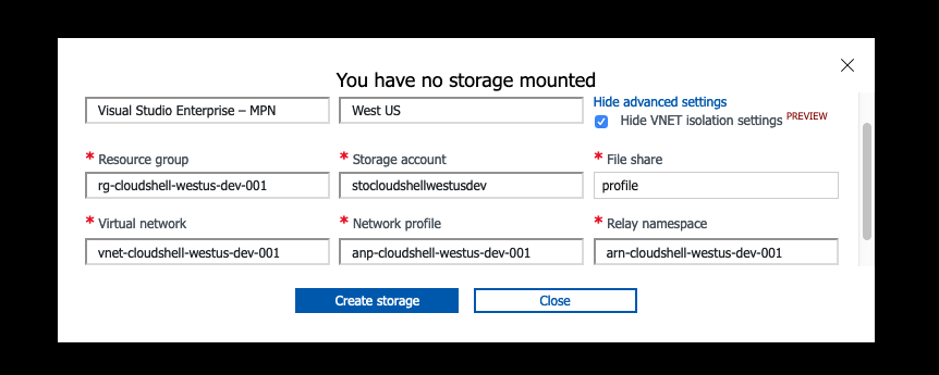 Screenshot showing private Cloud Shell settings