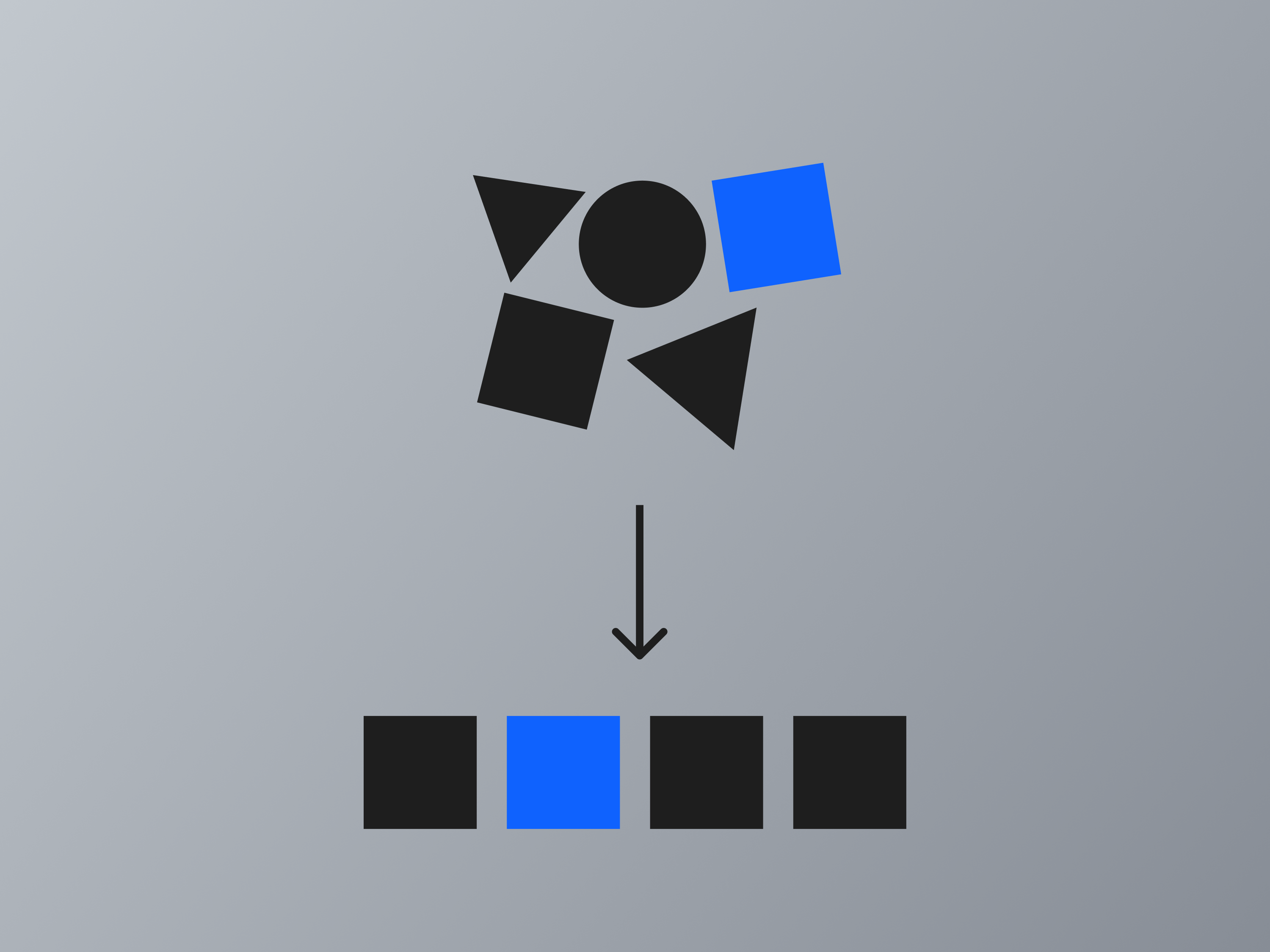 An image of disorganized shapes turning into an organized row of squares