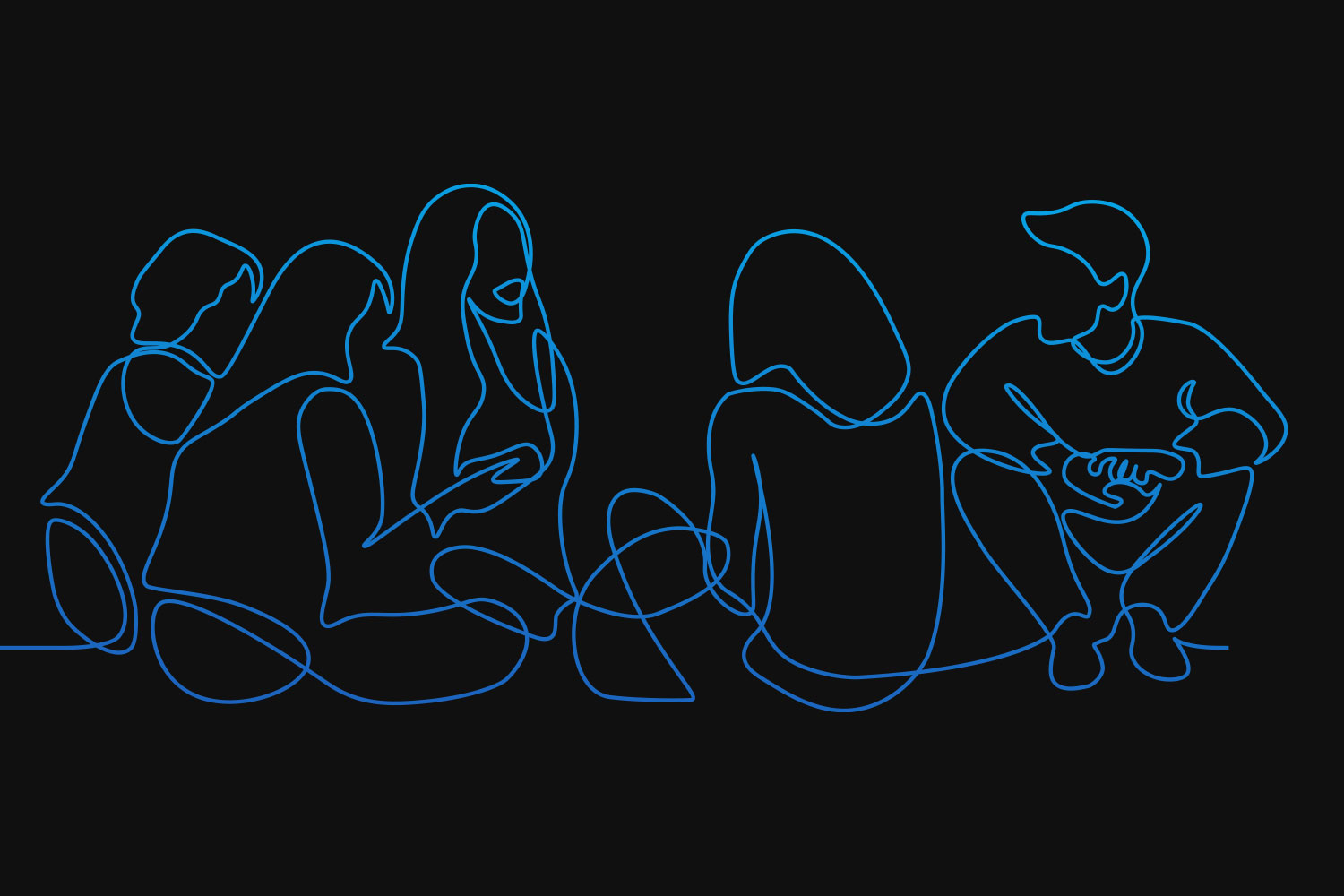 blue line drawn image on a black background showing a group of young people sitting down and talking