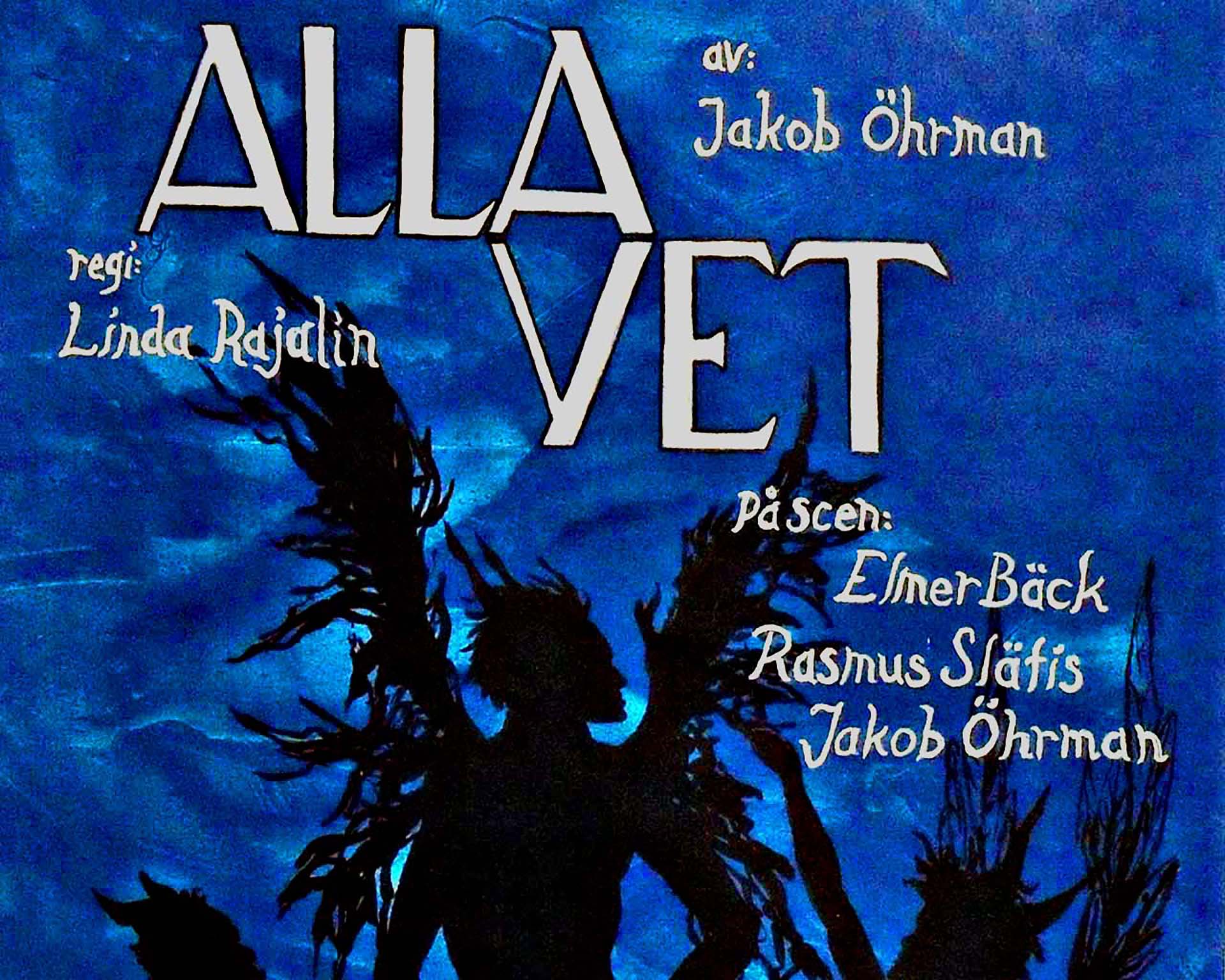 A poster in with many blue colors and a black creature with wings