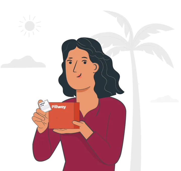 Woman in sunny climate holding her Pillway medication happily.