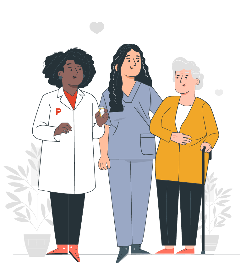 Three women standing together. One is a doctor with a stethoscope around her neck. The second is a young personal care worker touching the back of the third, a senior that has a cane.