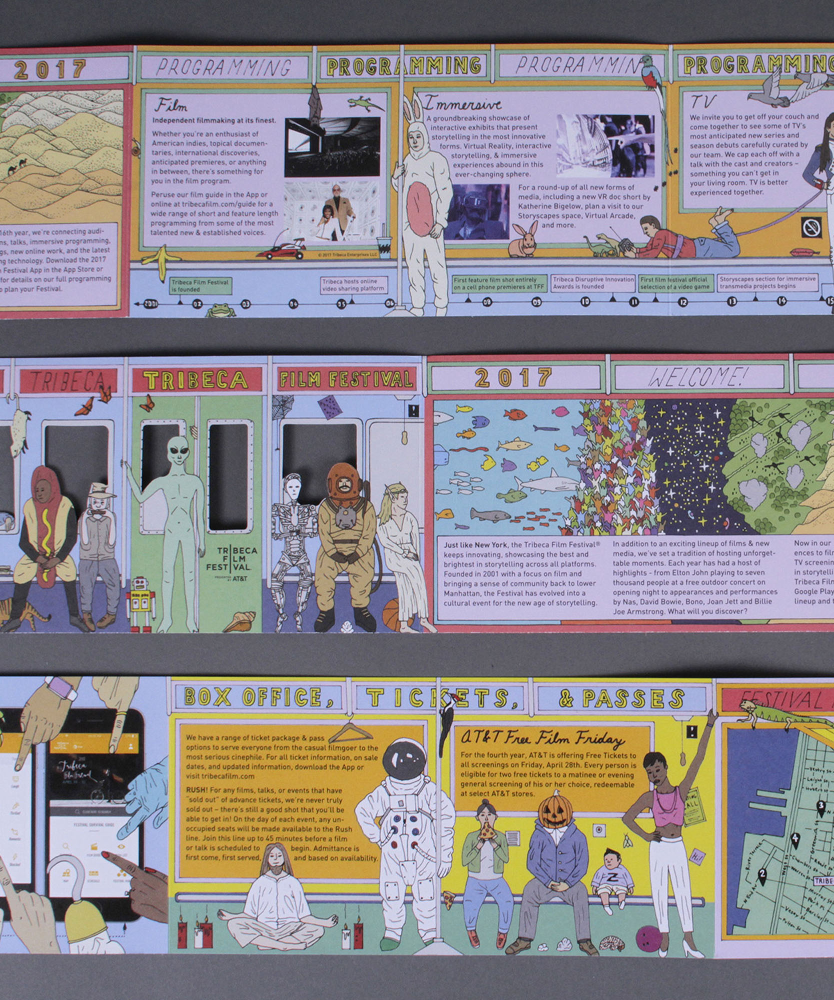 a photo of the inside of a booklet with illustrations of subway characters