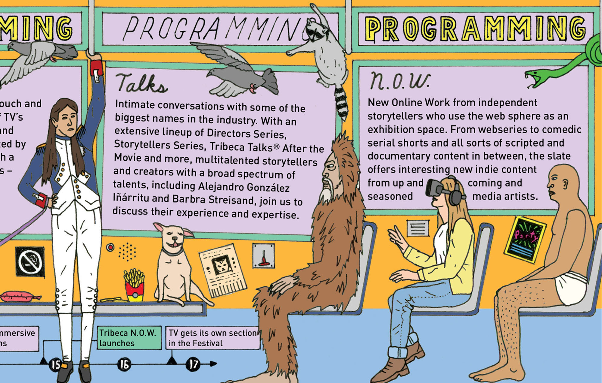 a colorful illustration of unique subway riders