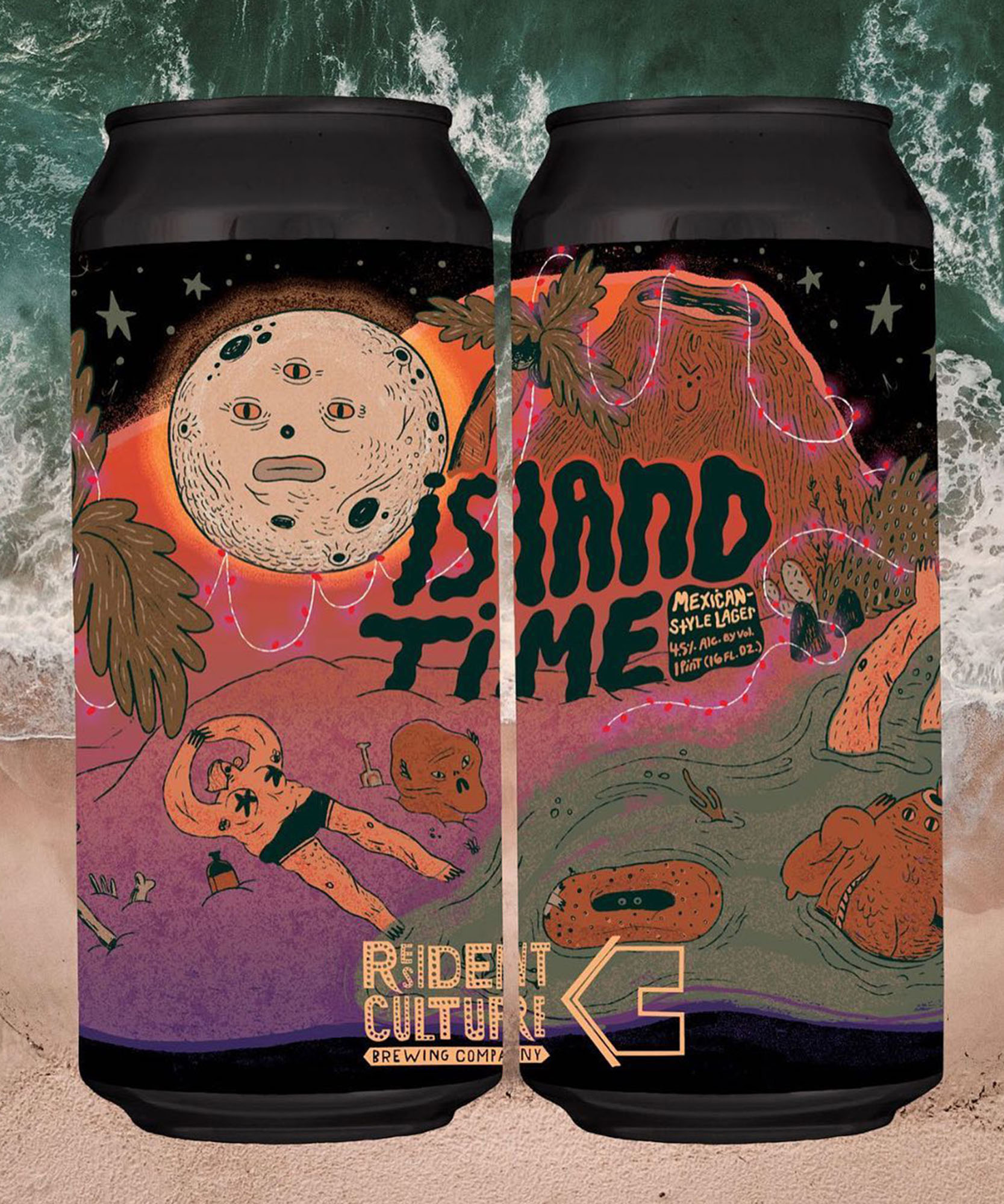 a illustration of a cold brew coffee can with a moon with eyes