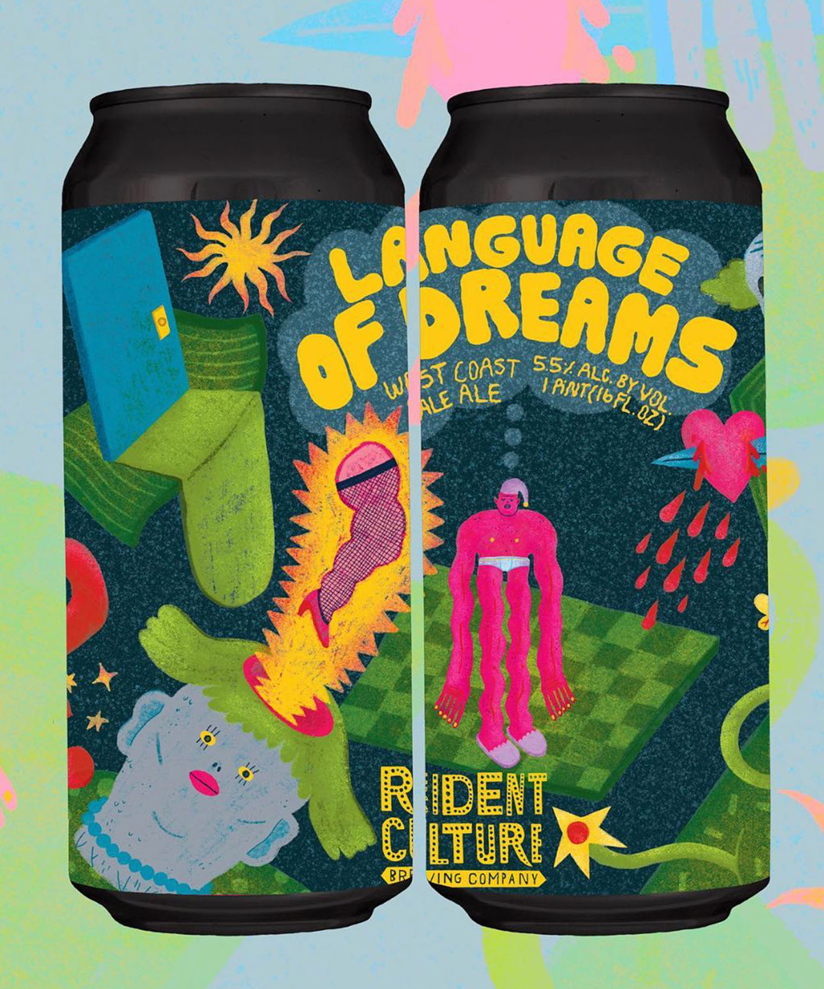 a colorful illustration of a cold brew coffee can with the resident culture logo on the bottom