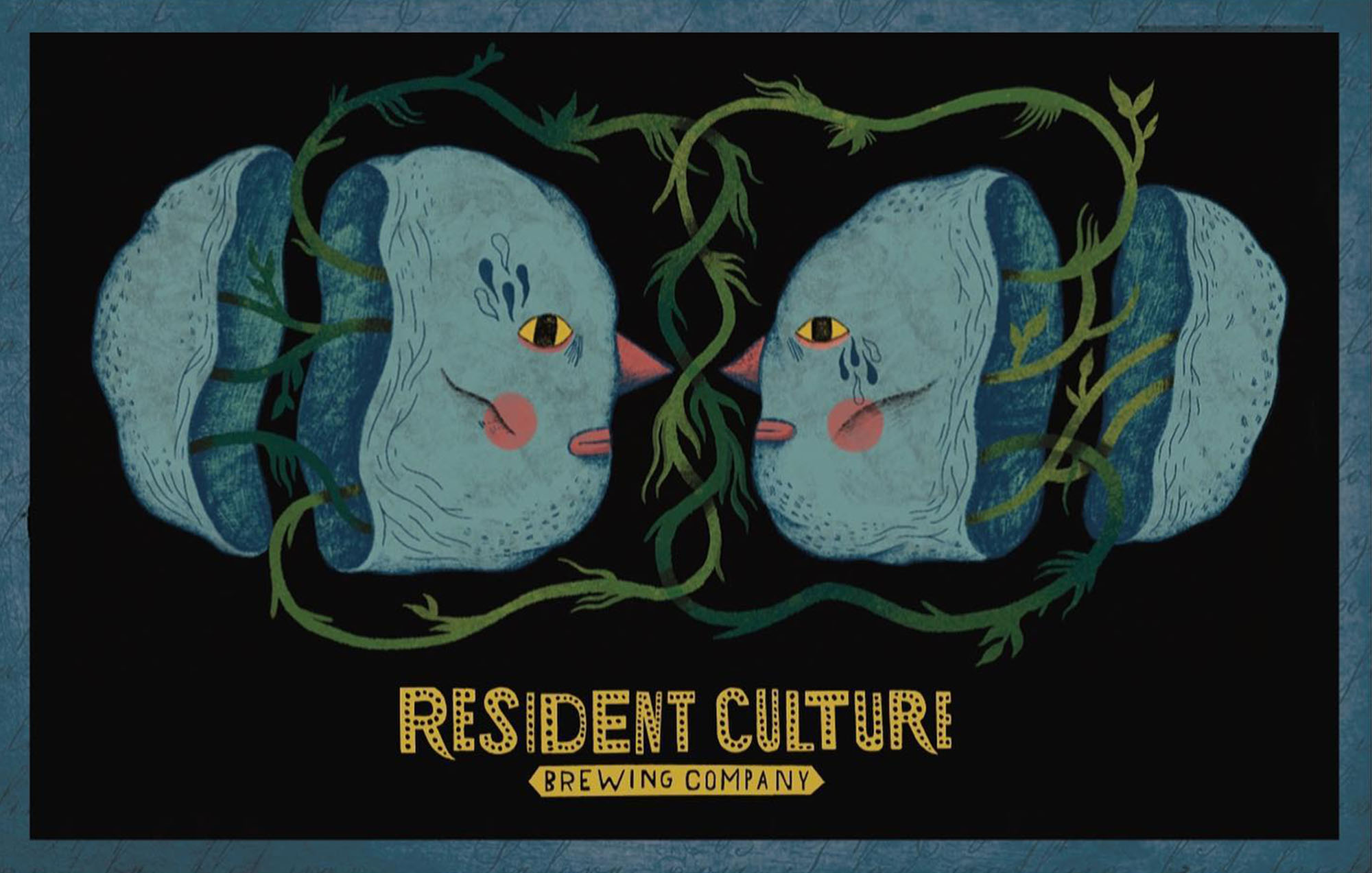 a illustration of two faces cut open with a green vine coming out with a black background and the resident culture logo on the bottom