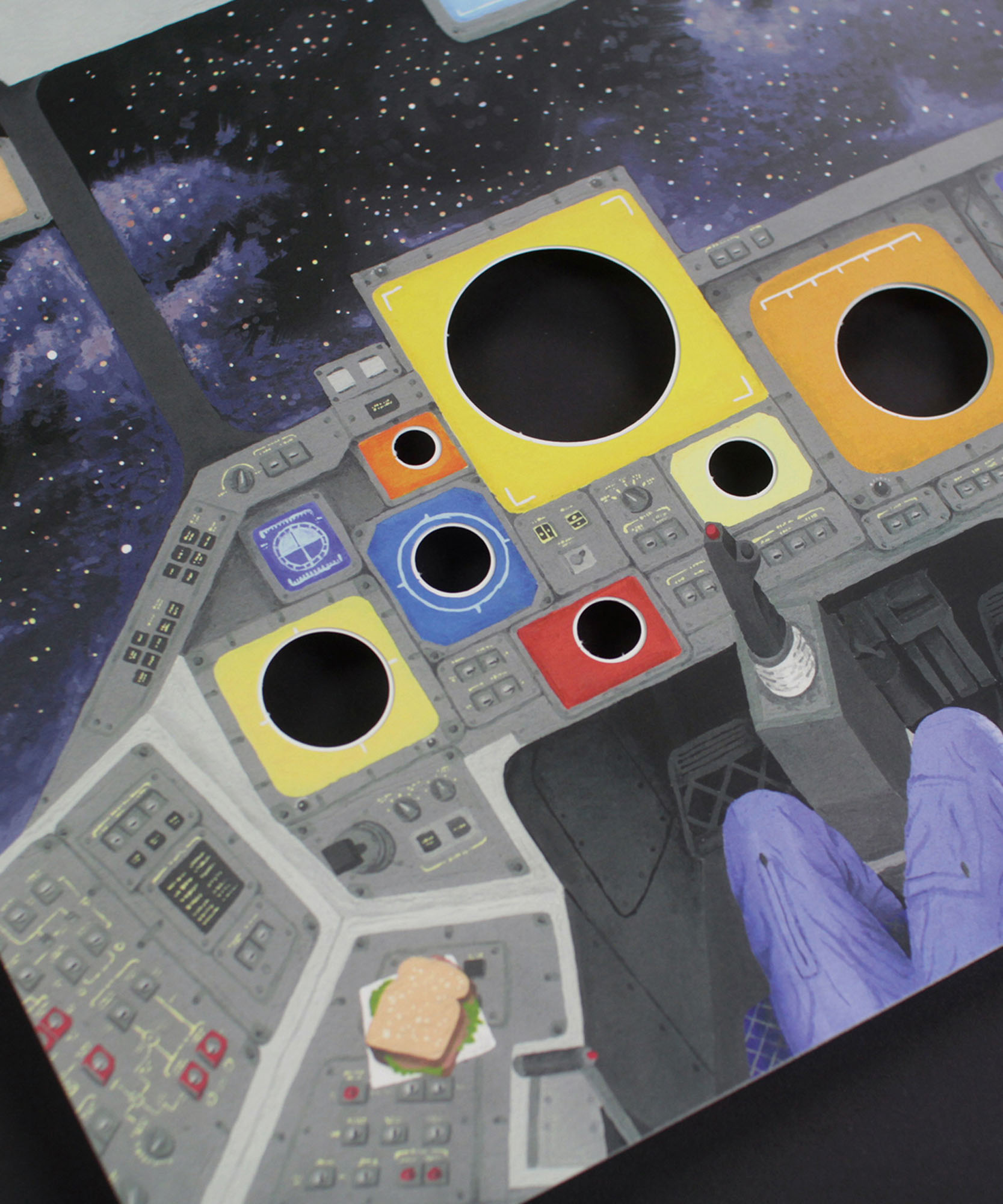 a illustration of a spaceship control panel with colorful buttons