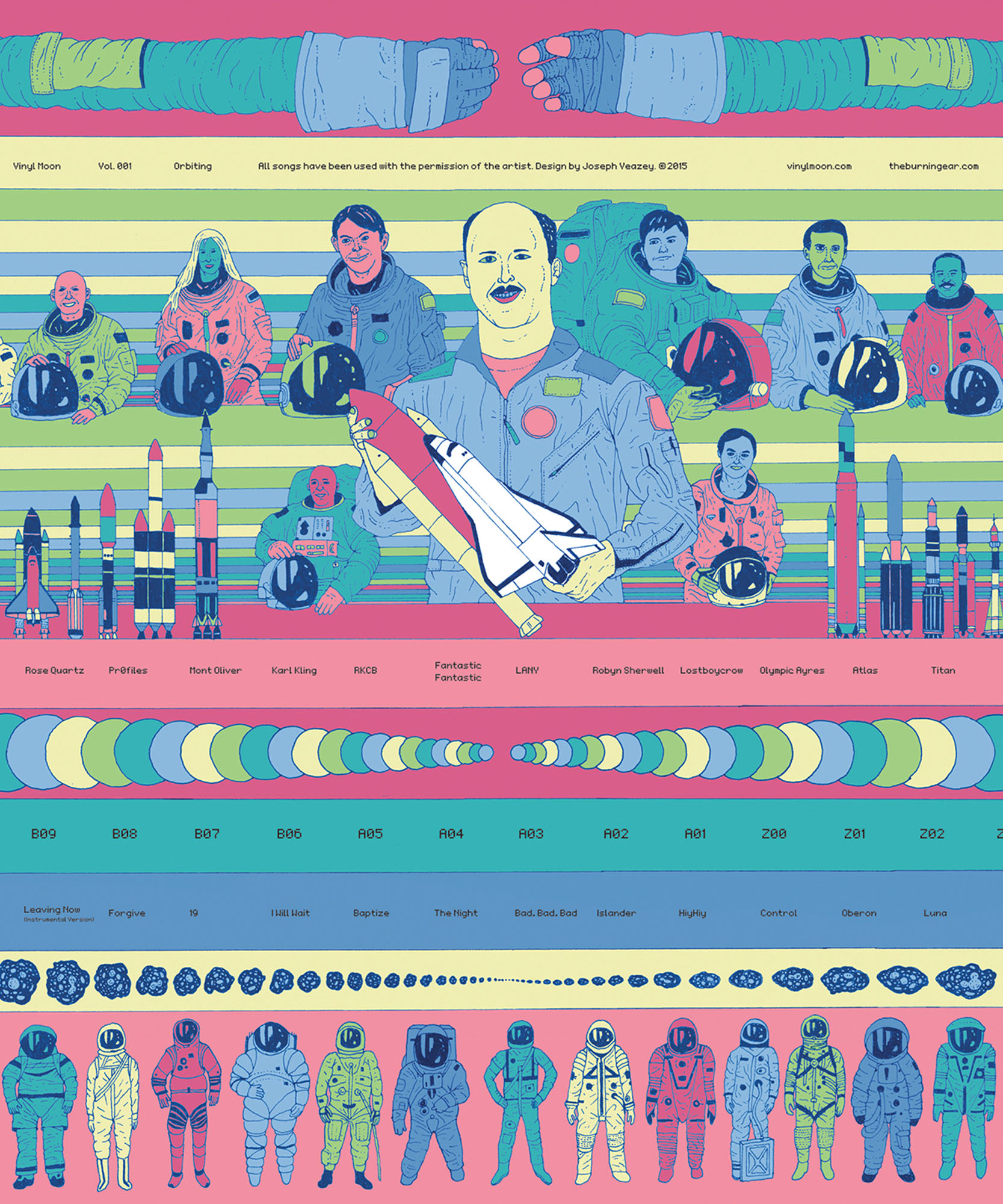 a colorful illustration of many different astronauts one astronaut in the center holding a spaceship