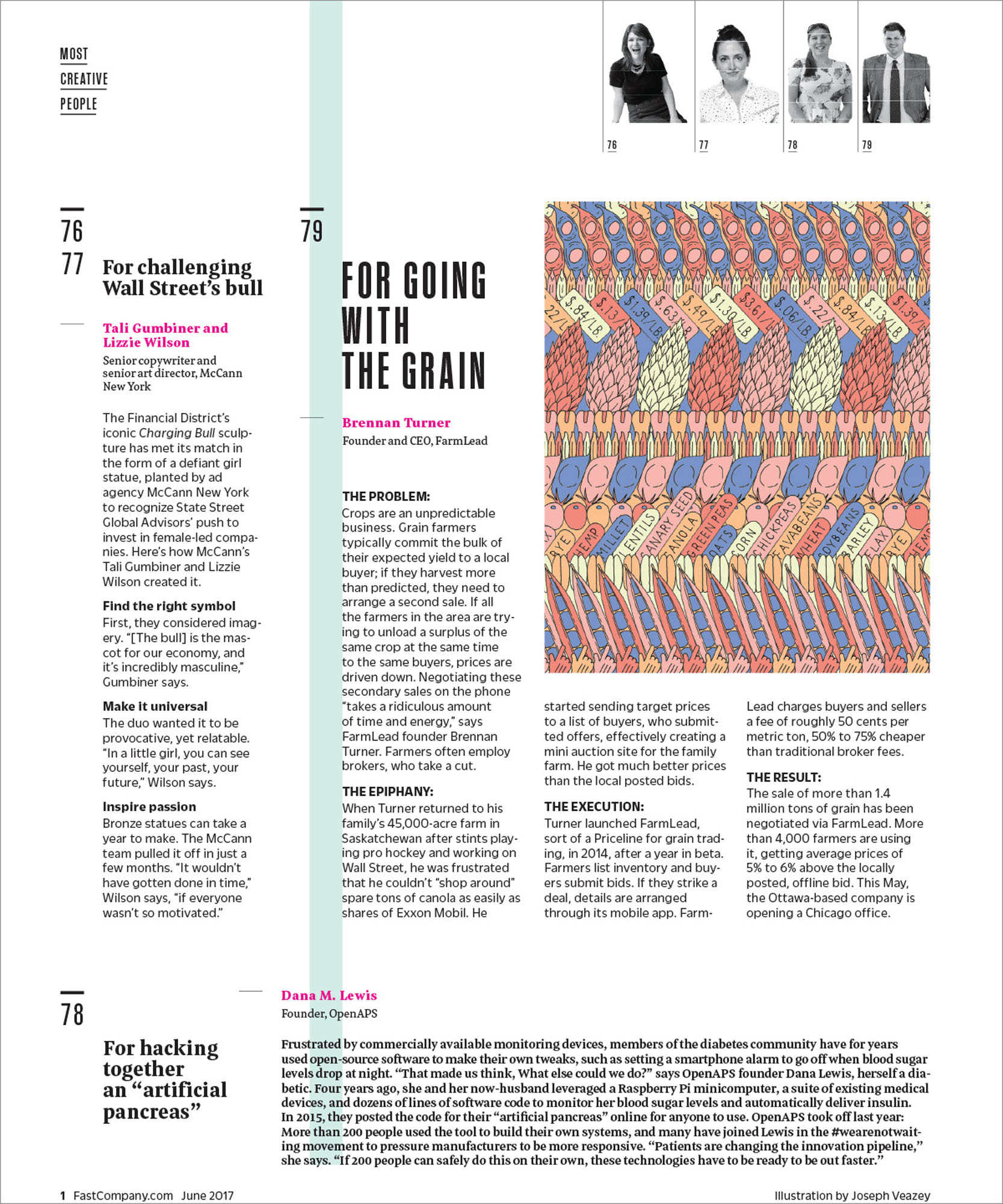 a photo of an article with a colorful illustration on the top right side and four black and white photos of three women and one man