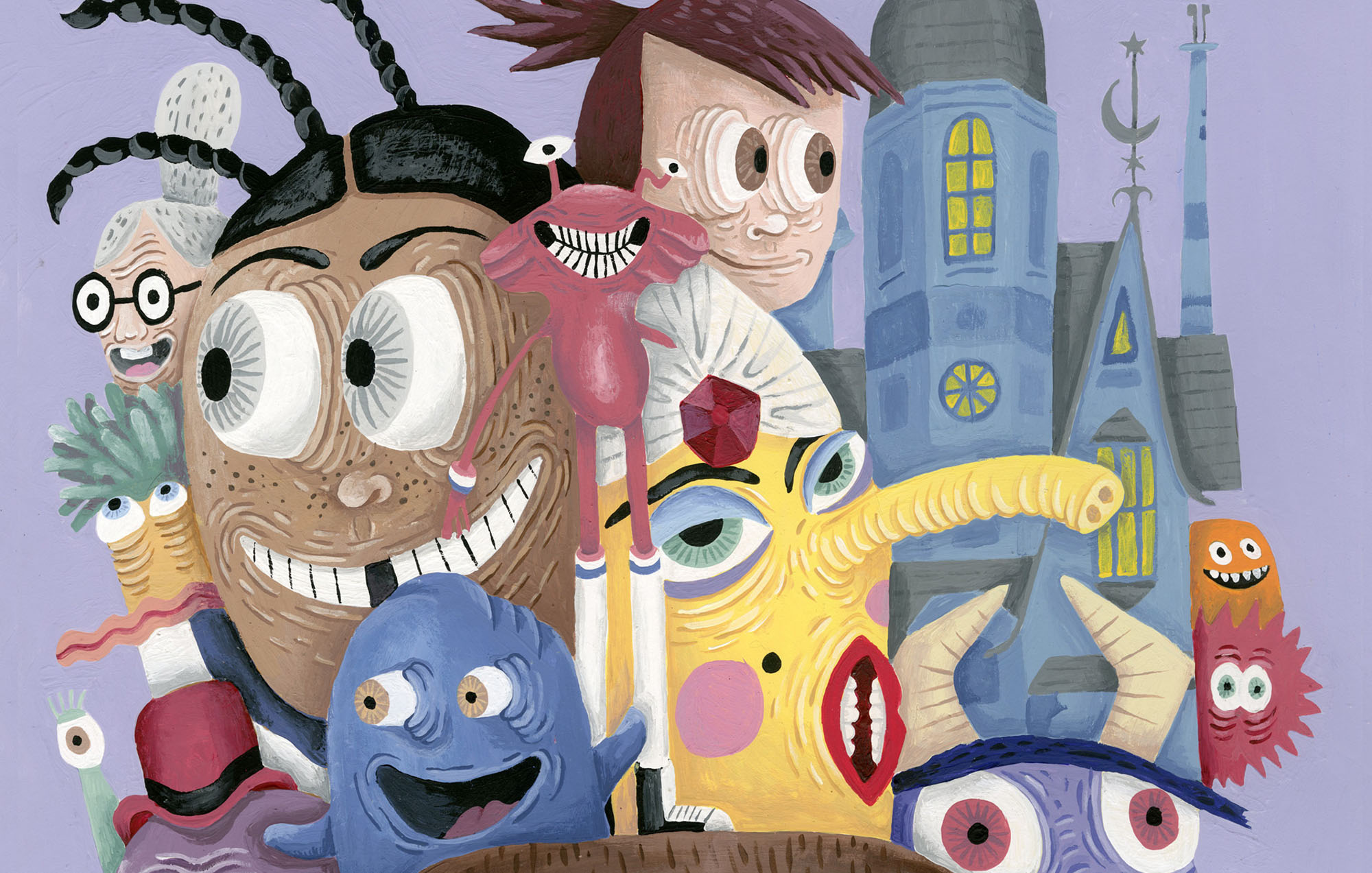 a colorful illustration of 12 human like characters with a purple background