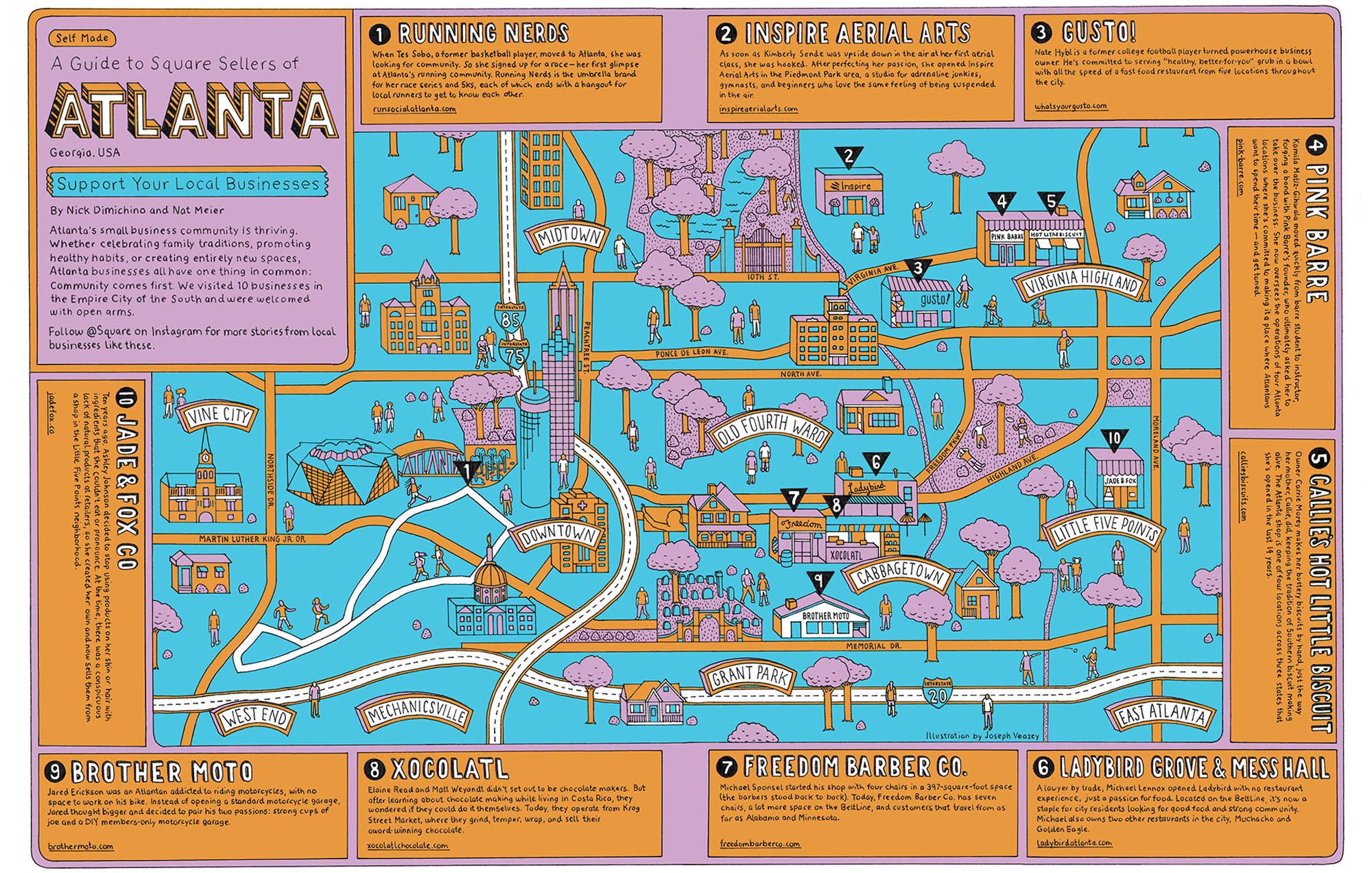 a blue and orange illustration map with Atlanta on the header