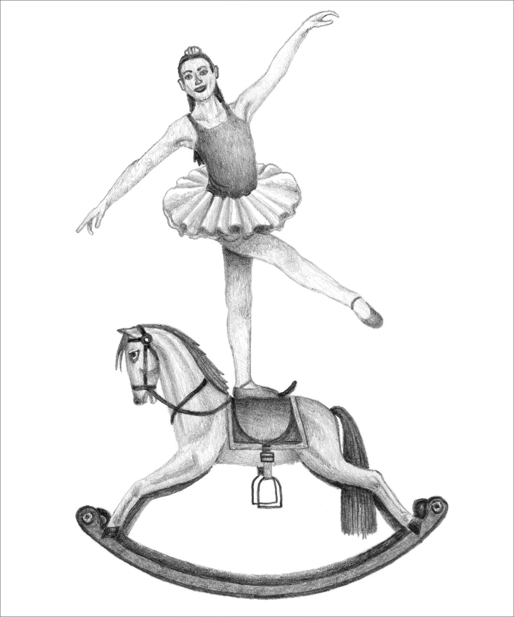 a black and white illustration of a ballerina girl standing on one leg on top of a horse