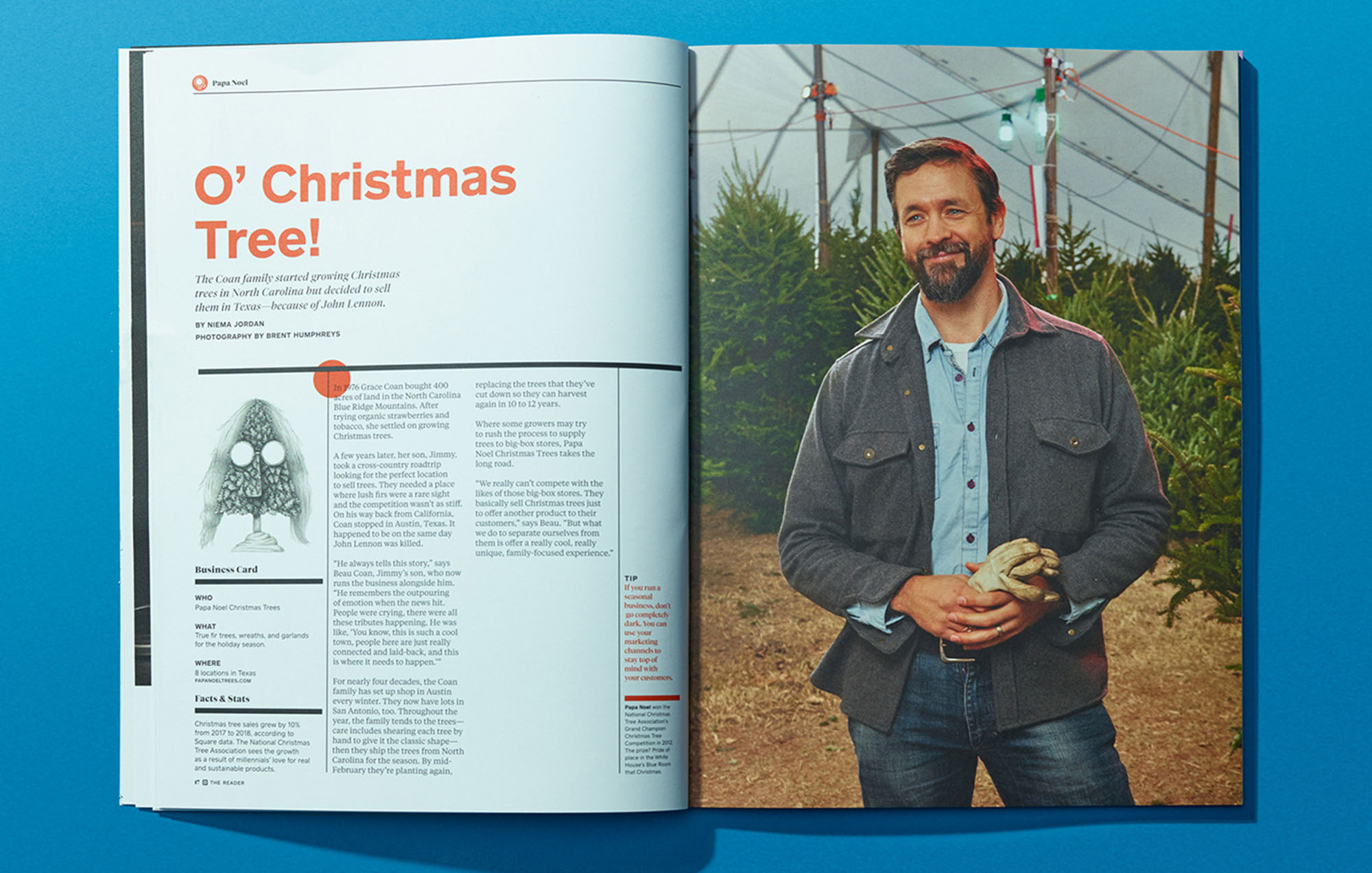 a photo of a magazine with a photo of a man wearing blue jeans in front of pine trees holding worker gloves and an article with a black and white illustration on the opposite page