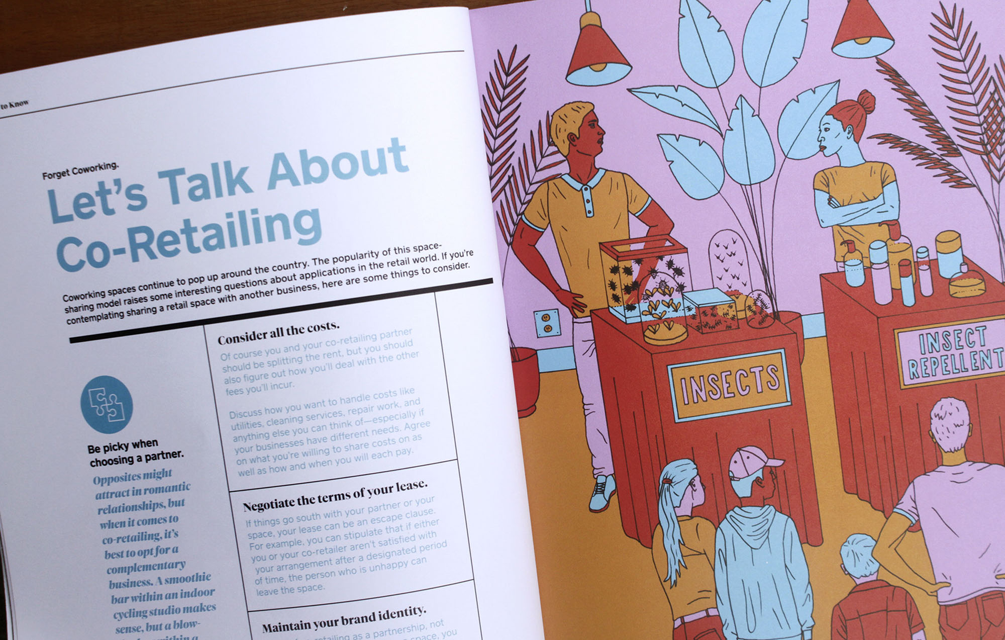 a photo of a magazine with a colorful illustration of a man selling insects and a women selling insect repellent