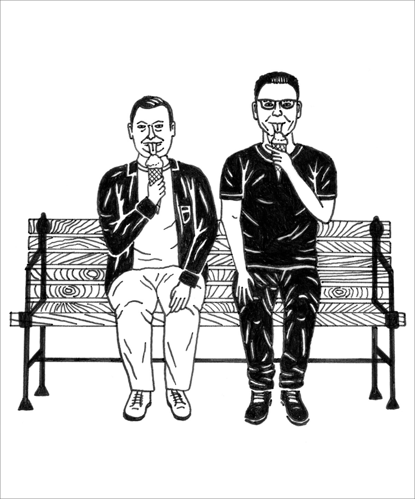 a black and white illustration of two men sitting on a park bench licking ice cream